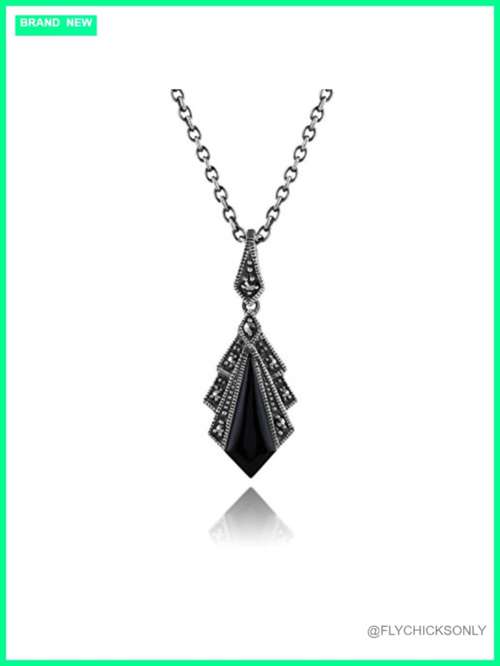 925 Sterling Silver Lapis Lazuli Black Onyx Marcasite Art Deco Pendant Necklace